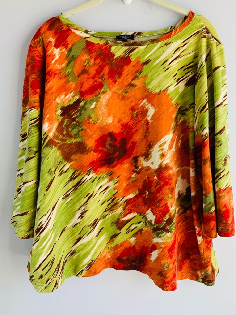 Talbots Green and Orange Abstract Floral Swing Top